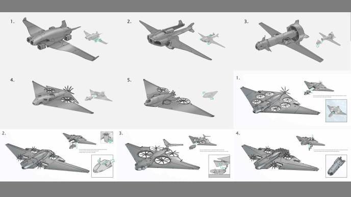 Mechanical design sketches exploring functional wing, camera, and sensor captor configurations for the Monarch S2 recon drone.