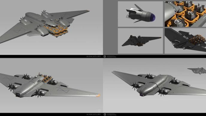 3D hard-surface models of the Monarch S2 recon drone, detailing the mechanically believable belly-mounted sensor captor.