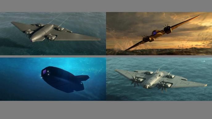 Rendered environment studies of the Monarch S2 recon drone in flight above water, showcasing lighting and materials.