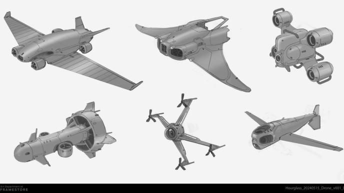 Early 2D gray shade vehicle concepts for Monarch S2, exploring different silhouettes and prop structures for the drone.