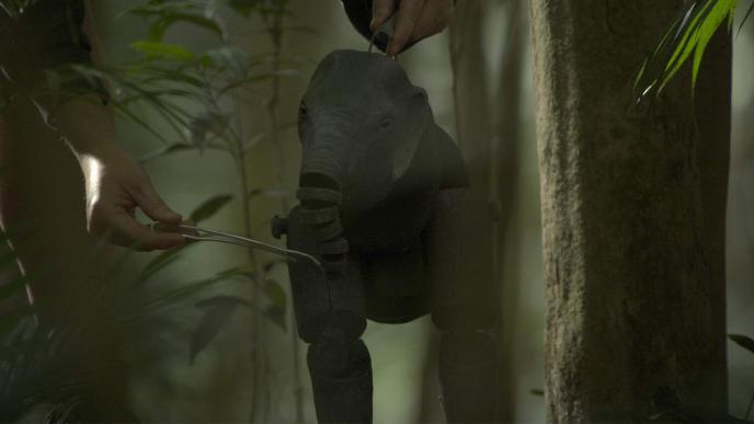 Image of the puppet version of the Stegodon in Prehistoric Planet: Ice Age