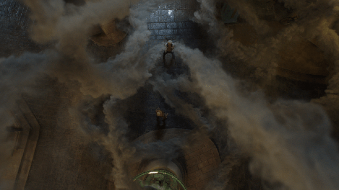 Overhead view of Luffy and Smoker moving through dense smoke between large industrial structures on a dimly lit street.