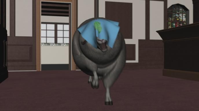 Previs of Mopple the Sheep running through a hotel with a pillowcase on his head