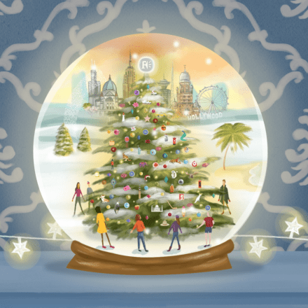 cartoon animation of a lit up christmas globe that has two christmas trees with people ice skating inside it