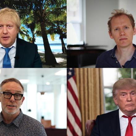 four tiles of a call as creative director mike mcgee and william bartlett present deepfakes of boris johnson and donald trump