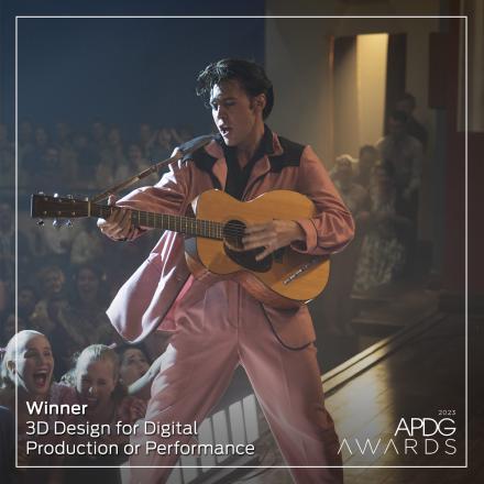 A still from Elvis, overlaid with the ADPG Awards logo and the caption "Winner: 3D Design in a digital production or performance"