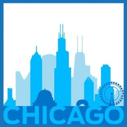 A blue stylised cityscape of the Chicago skyline