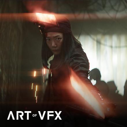 A woman holding two glowing swords in an industrial setting, there is the Art of VFX logo in the bottom left corner.