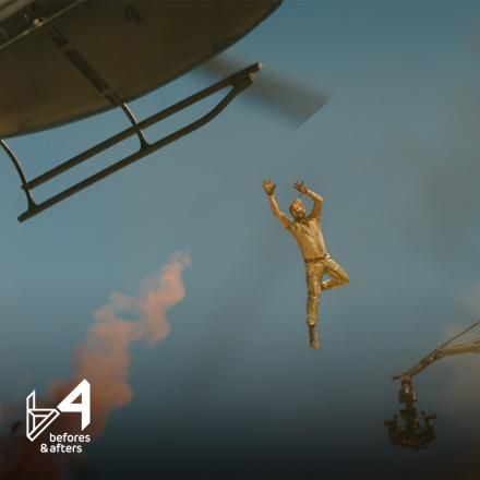 A man jumping from a crane to a helicopter through the air, there is the Befores and Afters logo in the bottom left corner.