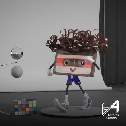 An image of some test footage showing a cassette tape character wearing a sweatband.