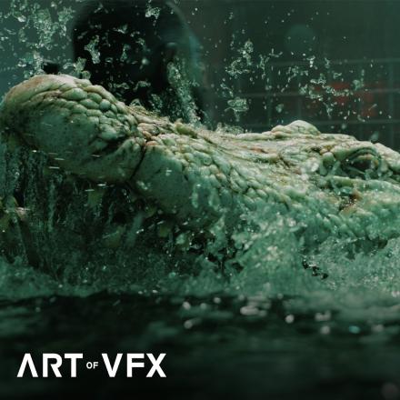 A large albino alligator raises its head above water, mouth slightly open. A white Art of VFX logo sits in the bottom left corner.