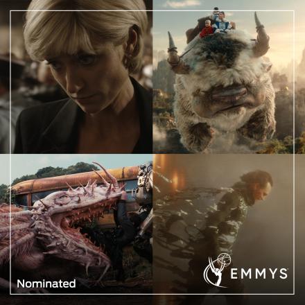 Four images from The Crown, Loki, Avatar the Last Airbender, and Fallout set in a square frame with the Emmy logo in the bottom right. 