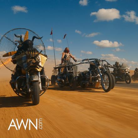 dystopian desert bikes, blue sky 