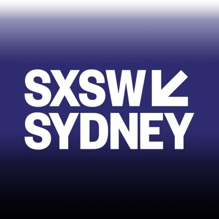 The SXSW Sydney logo on a background with a white to blue to black gradient. 