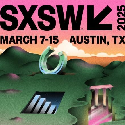 A surrealist illustration of green hills with doors and steps coming out of them with a pinky orange sky behind. There is the South by Southwest logo in the top with the conference dates and location in black text. 