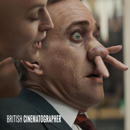 VFX of a woman putting her hand through a man's head with the British Cinematographer logo in the bottom left corner.