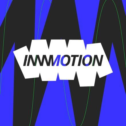 A white InMotion logo over the top of a blue background with black stripes across it.