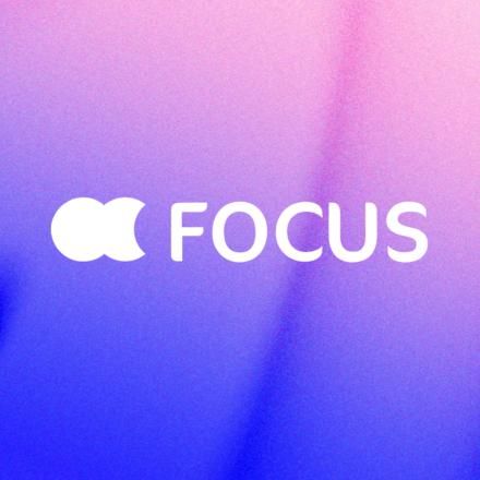 A pink and blue gradient background with the Focus logo in white in the centre of the design. 