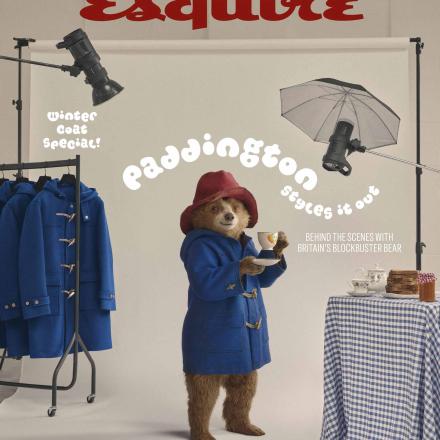 Paddington on the cover of Esquire magazine, drinking a cup of tea