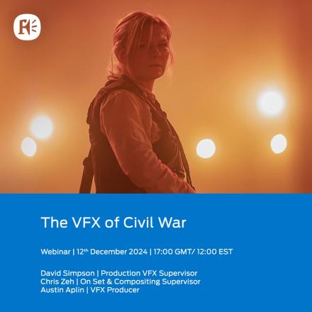 A tile showing a still from Civil War with a woman against orange lighting, there is a blue box at the bottom of the image containing text about the webinar details.