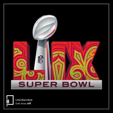 Logo for the Super Bowl LIX features large red patterned LIX and black background with LBB logo bottom left