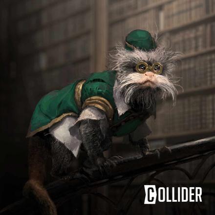 Concept art of a Tamarin monkey as a professor at Shiz in the film 'Wicked' overlaid with a white Collider logo