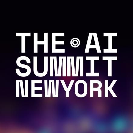 A multicoloured soft background with a white AI Summit New York logo.