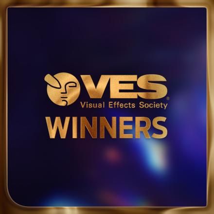 An abstract background with a gold frame and gold VES Awards logo in the centre. 