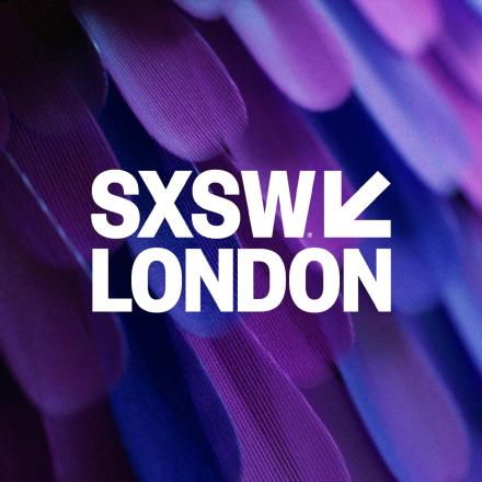 A purple CG feather background with a white SXSW London logo.