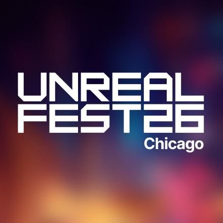 An abstract background with a white Unreal Fest Chicago logo in the centre.