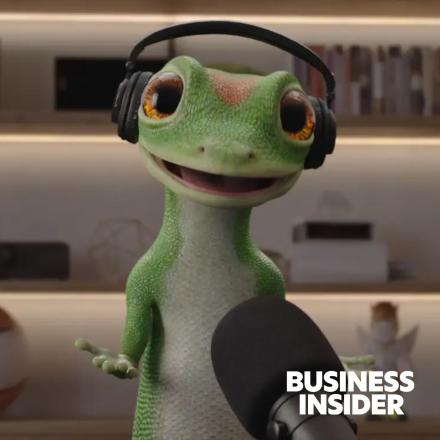 An image showing an AI Geico Gecko with podcast equipment with the Business Insider logo in the bottom right corner.