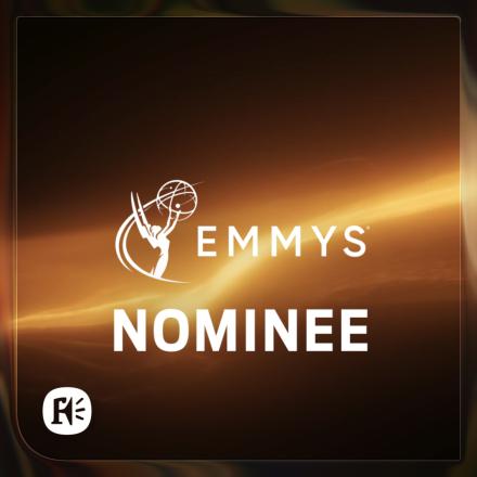 A CGI flame background with a clear glass border and a white Emmy Awards logo in the centre.