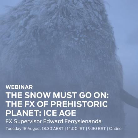 A still from Prehistoric Planet: Ice Age showing a Woolly Mammoth in a snow storm with white text over the top.