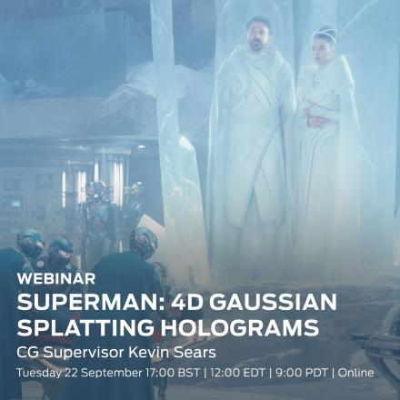 A still from Superman showing a CG hologram of Superman's parents.