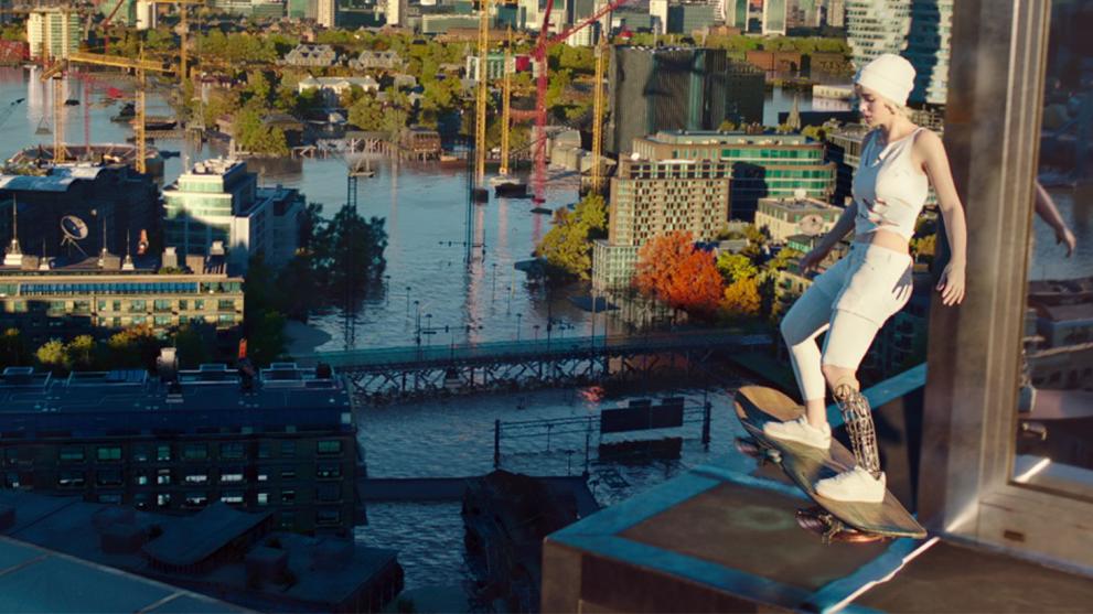 A woman with a prosthetic leg riding a hover skateboard across a rooftop in futuristic London.