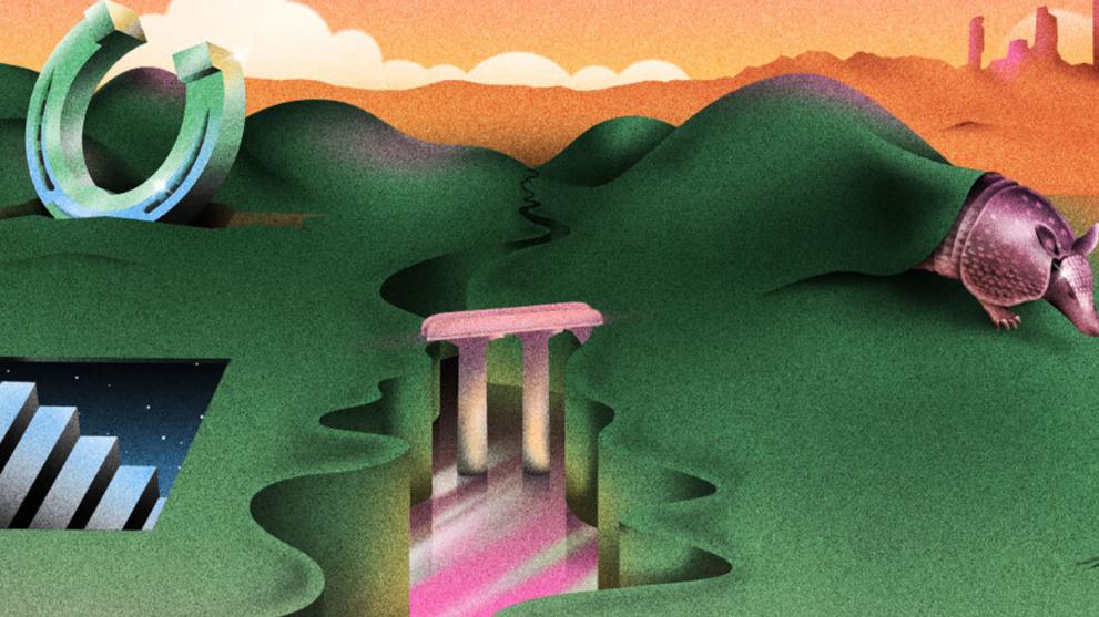 A surrealist illustration of green hills with doors and steps coming out of them with a pinky orange sky behind. 