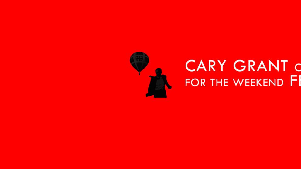A red background with the Cary Grant Festival logo in black and white on the right hand side. 