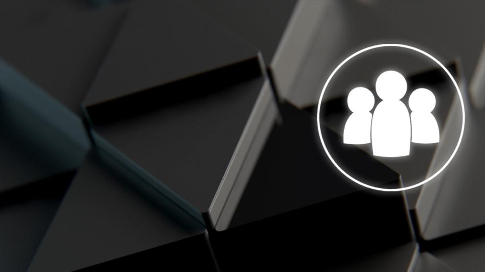A black and grey textured background with a white community icon to the right hand side. 