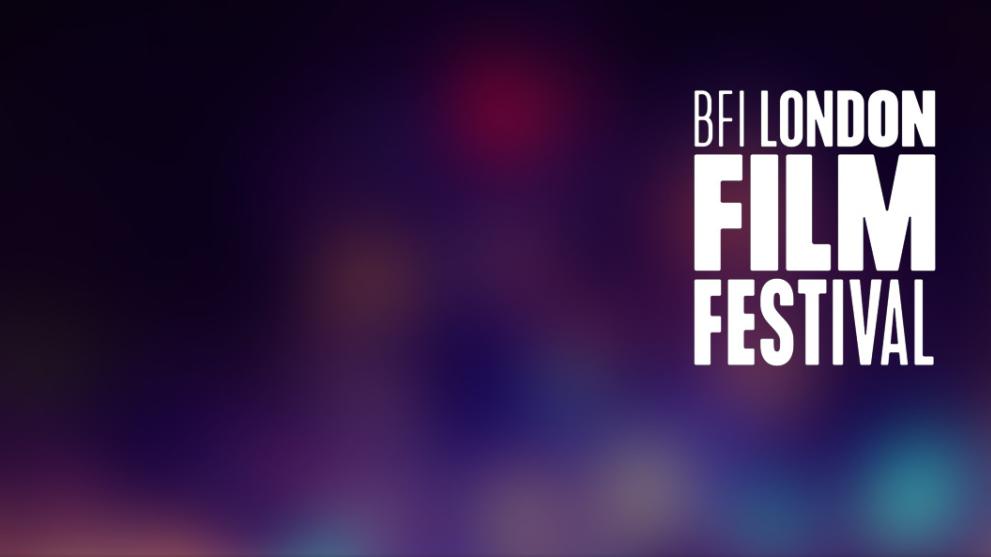 A blurred colourful background with a white London Film Festival logo on the right hand side. 