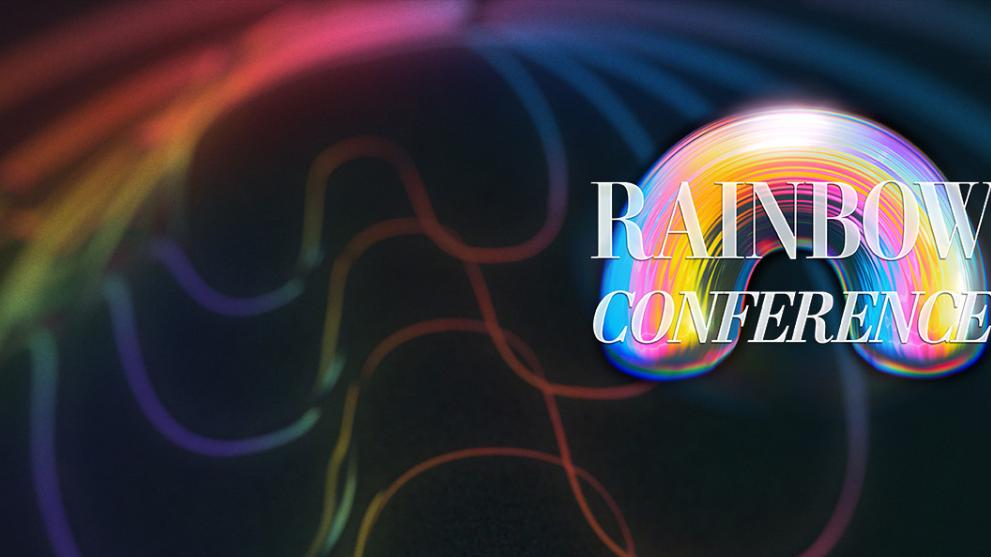 The Rainbow Conference logo in colour on a rainbow coloured and black background.