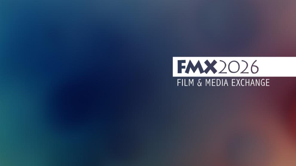 A blue and red abstract background design with a white FMX logo in the centre.