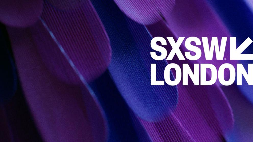 A purple CG feather background with a white SXSW London logo.