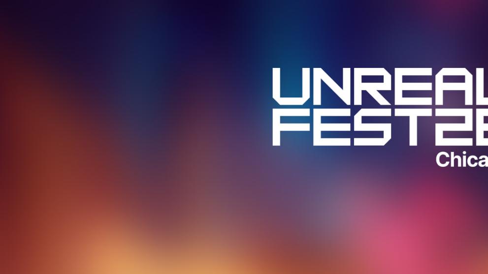 An abstract background with a white Unreal Fest Chicago logo on the right