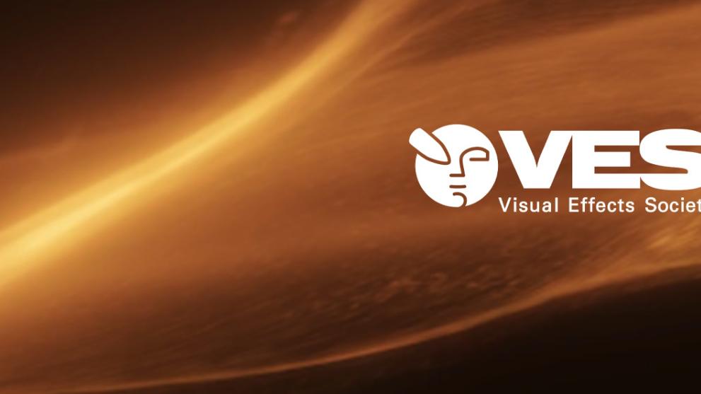 An abstract background of CG fire effect with a white VES Logo on the right hand side.